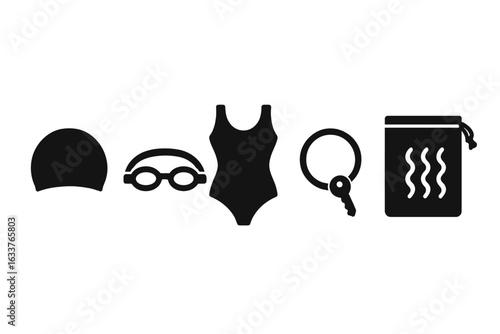 Swimming pool essentials vector icon set. Solid black silhouette icons of swim cap, goggles, swimsuit, locker key wristband, wet bag. Locker room and aquatic sports equipment illustration collection.