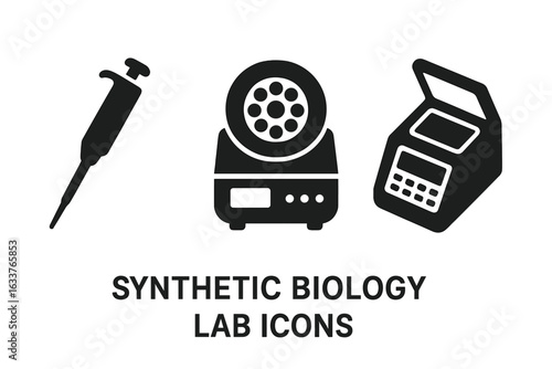 Synthetic biology lab icons set with solid filled micropipette, centrifuge, PCR machine, and lab tools vector illustration on transparent background for scientific and biotech design