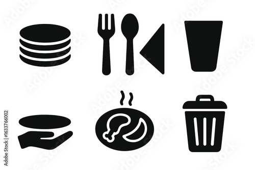 Table clearing icons set with solid filled style, including plate stack, cutlery, napkin, glass, tray, food leftovers, and trash, vector illustration for restaurant and dining concepts