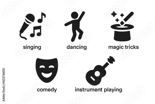 Talent show icons set with solid filled symbols representing singing, dancing, magic tricks, comedy, and musical instrument playing, creative entertainment vector illustration