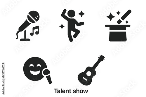 Talent show icons set with solid filled style featuring categories like singing, dancing, magic tricks, comedy, and instrument playing, vector illustration on transparent background