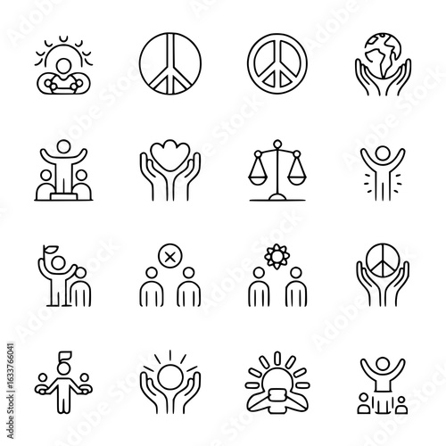 Social justice monochrome line icon set: peace, protest, equality, activism, human rights, community, charity, support, voting, ecology. Vector collection of simple outline symbols for web and graphic