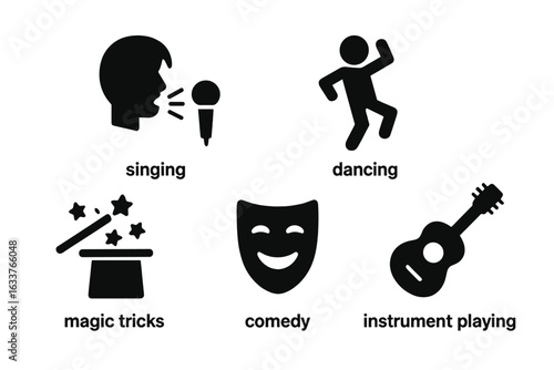 Talent show icons set with solid filled symbols for singing, dancing, magic tricks, comedy, instrument playing, entertainment-themed vector illustration on transparent background