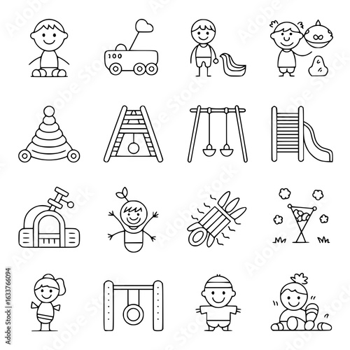 Playful childhood icons set: Monochrome line art illustrations of kids, toys, playground equipment - swings, slides, stacking rings, rocket, ball pit. Simple, hand-drawn vector collection for children