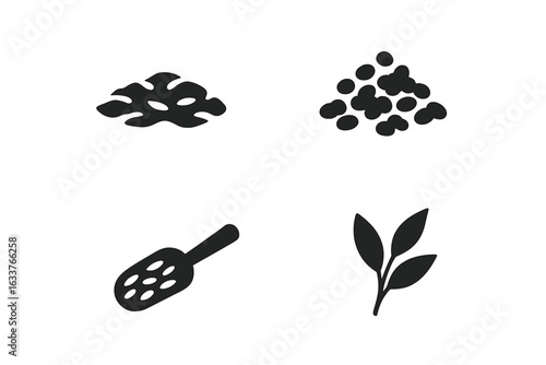 Solid Black Tea Leaf Icons Set. Herbal Botanicals, Loose Tea Leaves, Tea Leaf Sprig, Dried Herbs, Tea Scoop. Minimalist Vector Illustration for Tea Packaging, Healthy Drinks, Cafes, Beverage Branding