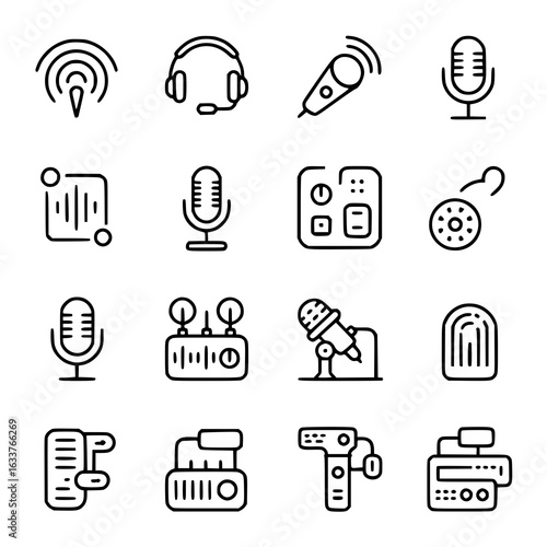 Podcast & broadcasting icon set. Vector line art illustrations of microphones, headphones, audio mixers, sound waves, recording equipment and voice modulation devices. Black and white minimalist desig