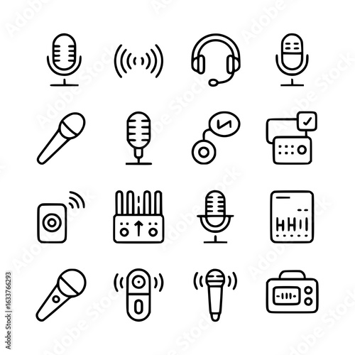 Podcast & broadcasting icon set. Vector line art illustrations of microphones, headphones, sound waves, audio mixer, radio, voice recorder. Black and white minimal design elements for podcasting, audi