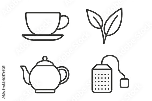 Tea Icons Set. Outline Vector Symbols of Tea Cup, Tea Leaf, Teapot, Tea Bag Infuser. Herbal Tea Beverage Elements. Monochrome Line Art for Cafe Menu, Packaging, Branding, Café, Kitchen Decor