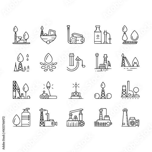 Oil industry icon set. Vector line art illustrations of oil rigs, refineries, pipelines, barrels, fuel, gas, and oil drops. Black and white line drawings on a white background. Design elements for ene