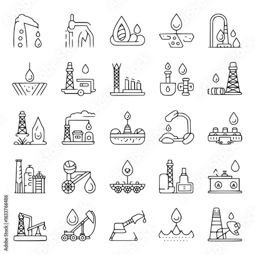 Oil industry line icon set: derricks, pipelines, refineries, oil drops, tankers, and drilling equipment. Vector illustration collection of black and white petroleum extraction and processing symbols. 