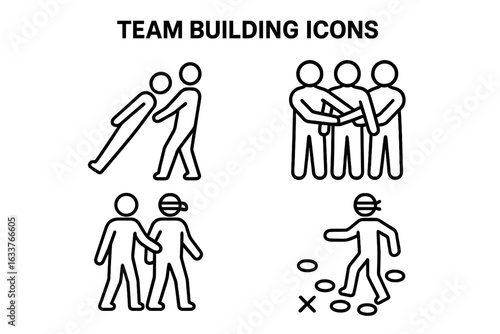Team building icons set. Outline vector collection of corporate trust fall, human knot team arms, blindfold guidance game, minefield challenge. Leadership, cooperation, group activity symbols.