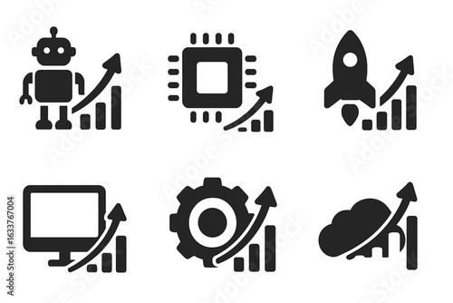 Technology Growth Icons Set. Modern solid vector symbols of innovation, digital advancement, robot, microchip, rocket, computer, gear, cloud progress. Futuristic tech development concept illustration.