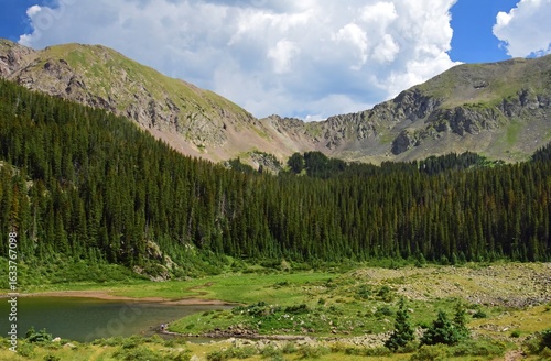 scenic williams lake and surrounding peaks on a sunny summer day in the wheeler peak wilderness area in the  new mexico rocky mountains, near the taos ski valley