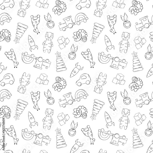 Vector Seamless pattern of baby toys. Outline Wooden car, cubes, train, rocket, giraffe on wheels and pyramid in Scandinavian style, Cute repeated background. Hand drawn ink illustration for fabric