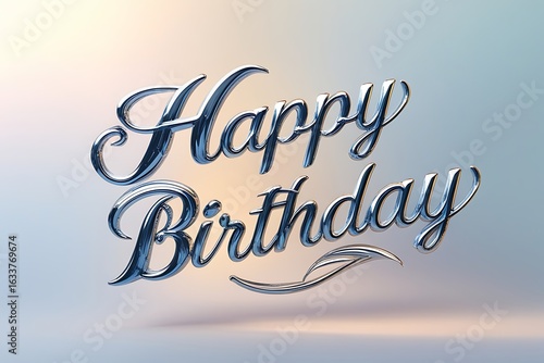 Shiny blue Happy Birthday script with a decorative flourish on a gradient background celebration