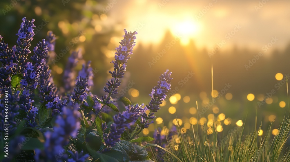 Obraz premium Lavender blossoms bathed in golden sunlight evoke feelings of tranquility and peace in a serene meadow with soft focus