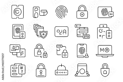 Cybersecurity line icon collection with fingerprint, locks, password, data protection, 2FA, and mobile security symbols. Vector illustration set of digital protection, online safety, and privacy desig