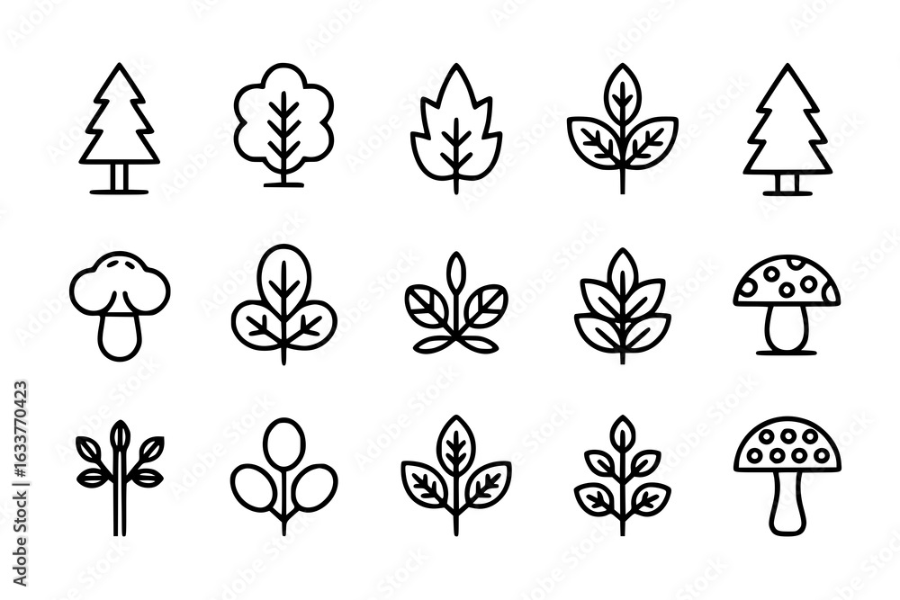 Fototapeta premium Forest icon collection - stylized trees, leaves, mushrooms, and branches. Minimalist black and white vector illustration set. Design elements for nature, environment, and outdoor themes.