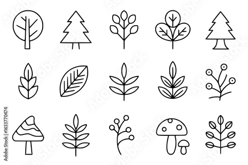 Minimalist vector line art forest icon collection: trees, leaves, berries, mushroom. Simple black and white nature design elements set for eco-friendly projects, logos, and illustrations. Outline bota