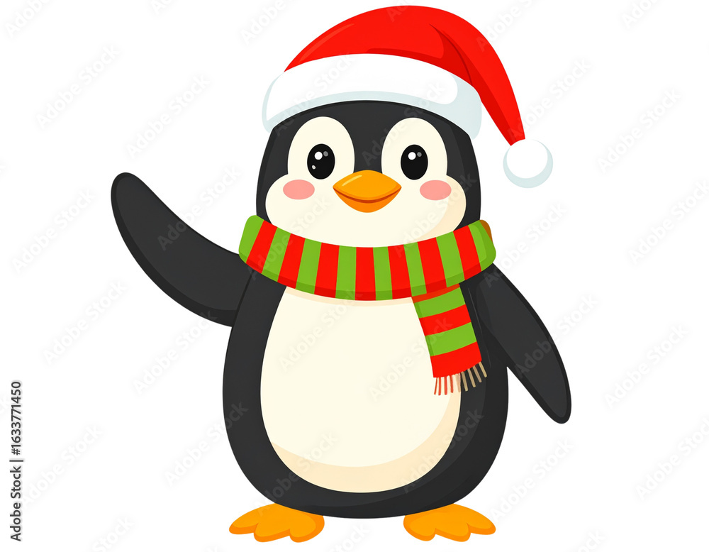 Fototapeta premium Cute Cartoon Penguin Wearing Red Santa Hat and Scarf, Waving One Flipper, Isolated
