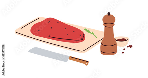 Beef steak, raw red meat, cut piece on kitcehn board, knife and pepper grinder. Cooking, preparing food in process. Beefsteak, dinner preparation. Flat vector illustration isolated on white background