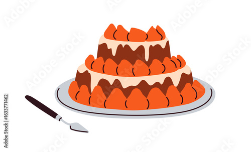 Cake, sweet dessert and spatula. Cooking, decorating tiered confectionery with whipped cream, strawberry. Patisserie, confection with decoration. Flat vector illustration isolated on white background