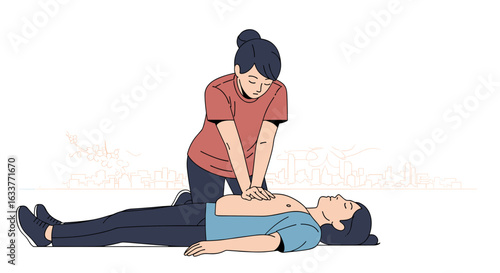 A woman performs chest compressions on a person lying on their back, demonstrating CPR, in a simple illustration against a clean white background.