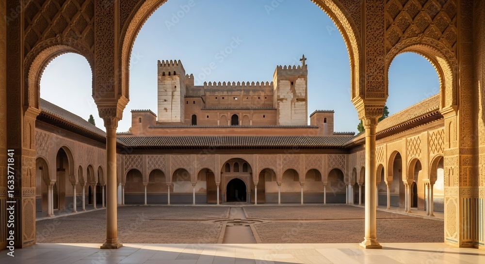 Obraz premium Golden Sunrise Over the Alhambra's Courtyard, Framed by Ornate Moorish Arches