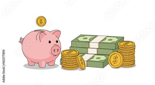 Adorable pink piggy bank filled with growing stack of coins and cash for financial growth and savings
