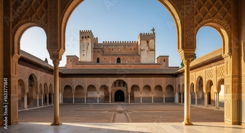 Golden Sunrise Over the Alhambra's Courtyard, Framed by Ornate Moorish Arches