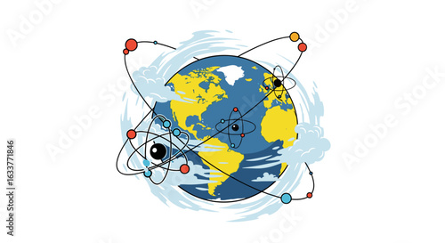 An artistic depiction of global scientific exploration and discovery fostering interconnected knowledge across continents