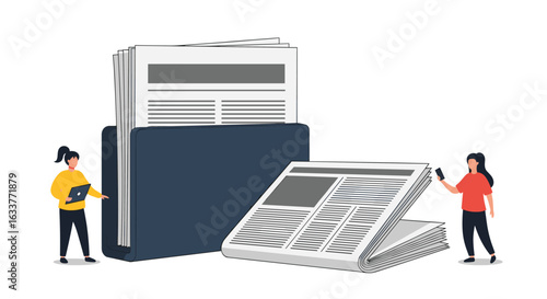 Two people interacting with newspapers and stacks of paper representing news and information flow