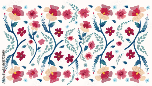 Floral arrangement with pink and white flowers on blue stems and scattered leaves design on white background