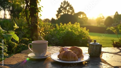 Serene outdoor breakfast scene with coffee and croissants at sunrise