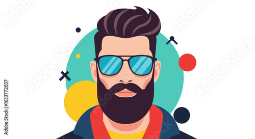 Stylish bearded man wearing sunglasses and trendy clothing with abstract shapes background