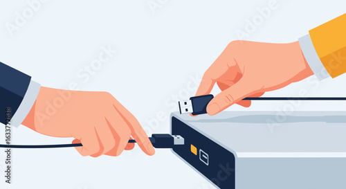 Connecting devices using usb ports for data transfer and power supply between two people collaborating on a project