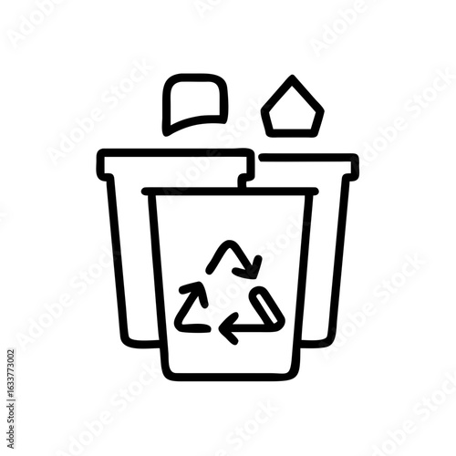 Three recycling bins with waste materials in outline style  