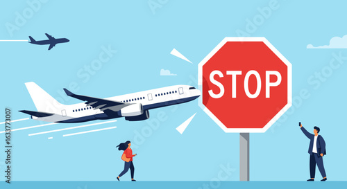 Airplane narrowly avoids crashing into a large red stop sign on a clear day with onlookers watching