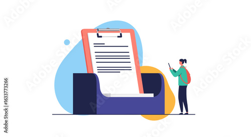 Visual representation of a document management system with a person interacting with a digital interface for document review and analysis