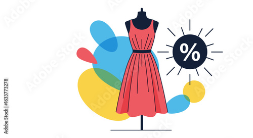 Fashionable summer dress on a mannequin with a bright discount symbol indicating a sale event