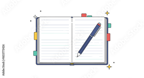 Open notebook with lined pages and a pen ready for writing your thoughts and ideas