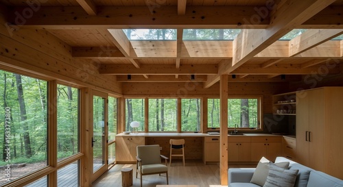 Seamlessly Integrated Modern Wooden Cabin Interior with Lush Forest Views and Skylight
