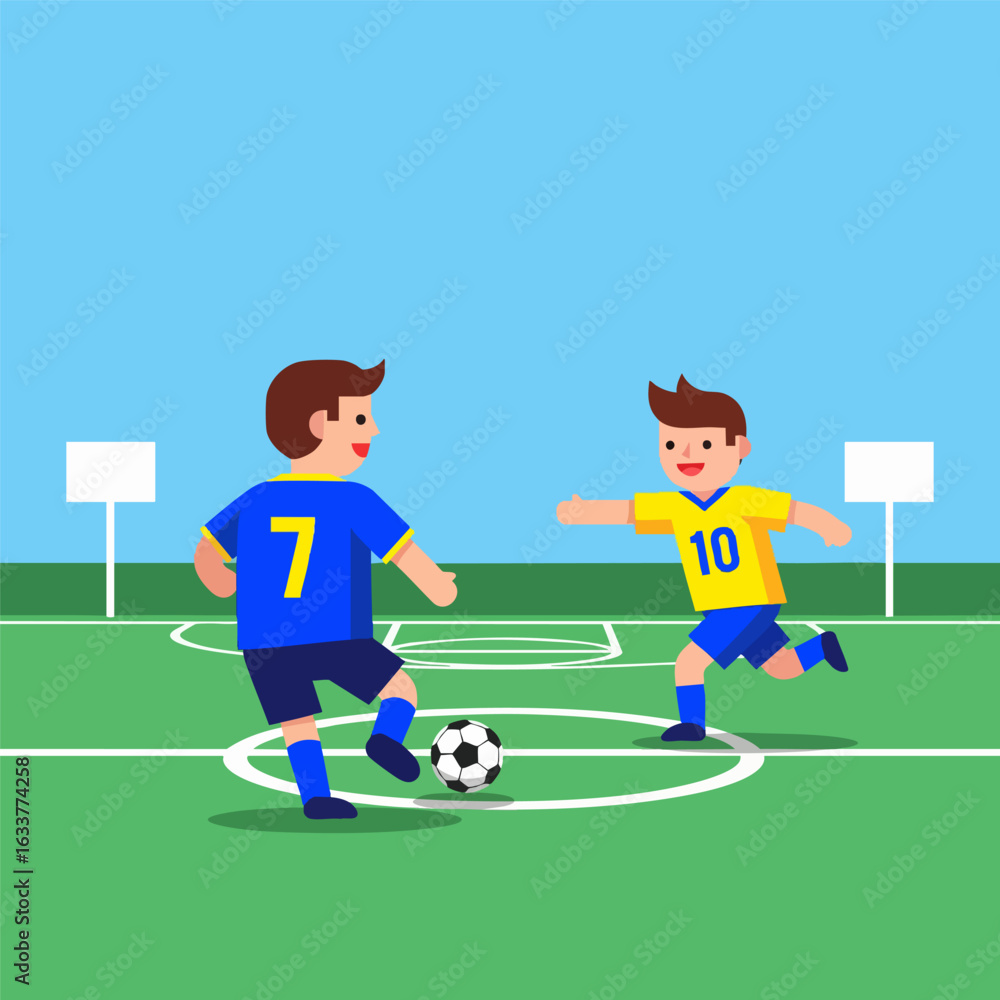 Fototapeta premium vector style Two kids playing football soccer on green grass