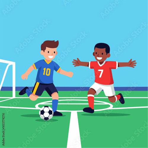 vector style Two kids playing football soccer on green grass