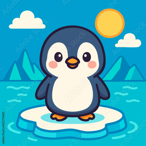 Cute Cartoon Penguin Standing on Iceberg in Polar Landscape