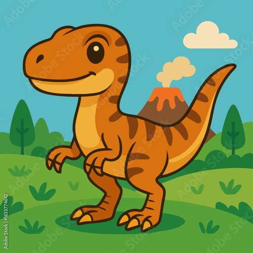 Cute cartoon velociraptor illustration in prehistoric landscape with volcano