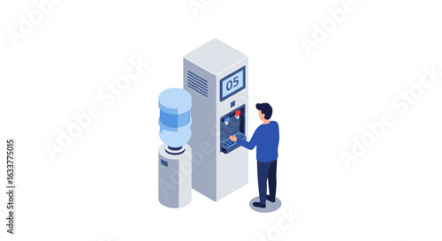 Isometric office coffee station with water cooler and employee interaction