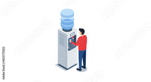 Isometric office water cooler with person in red shirt interacting