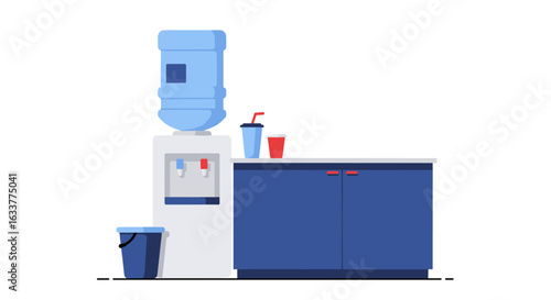 Modern office water cooler scene with cabinet and cups