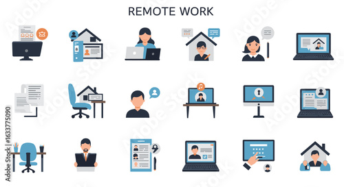 Remote work icons: flat design set for home office and virtual meetings
